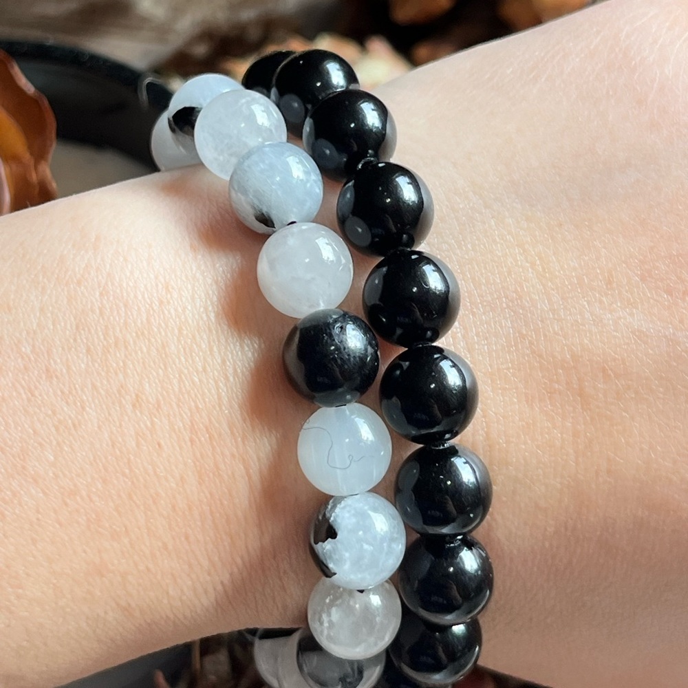 10mm black obsidian and tourmaline bracelet‎ set
